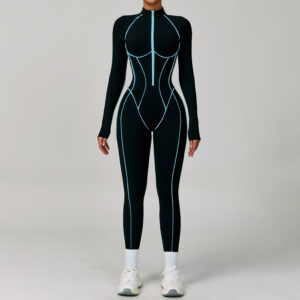 Wholesale Women's Zip-Front Breathable Yoga Jumpsuit | Contrast Stitching Bodysuit | Wholesale Gym Rompers