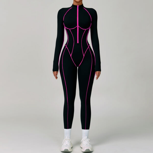 Wholesale Women's Zip-Front Breathable Yoga Jumpsuit | Contrast Stitching Bodysuit | Wholesale Gym Rompers - Image 4