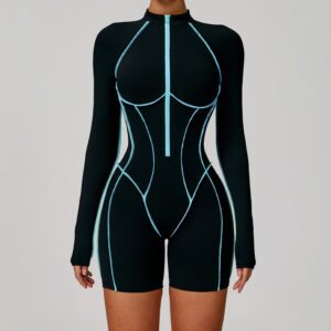 Women's Four-Way Stretch Backless Zipper Short Sleeves Jumpsuit - Yoga & Gym Activewear