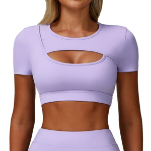 Custom Hollow-Out Short Sleeve Yoga Top - Supportive Crop Fitness Shirt Vendor for Running & Training